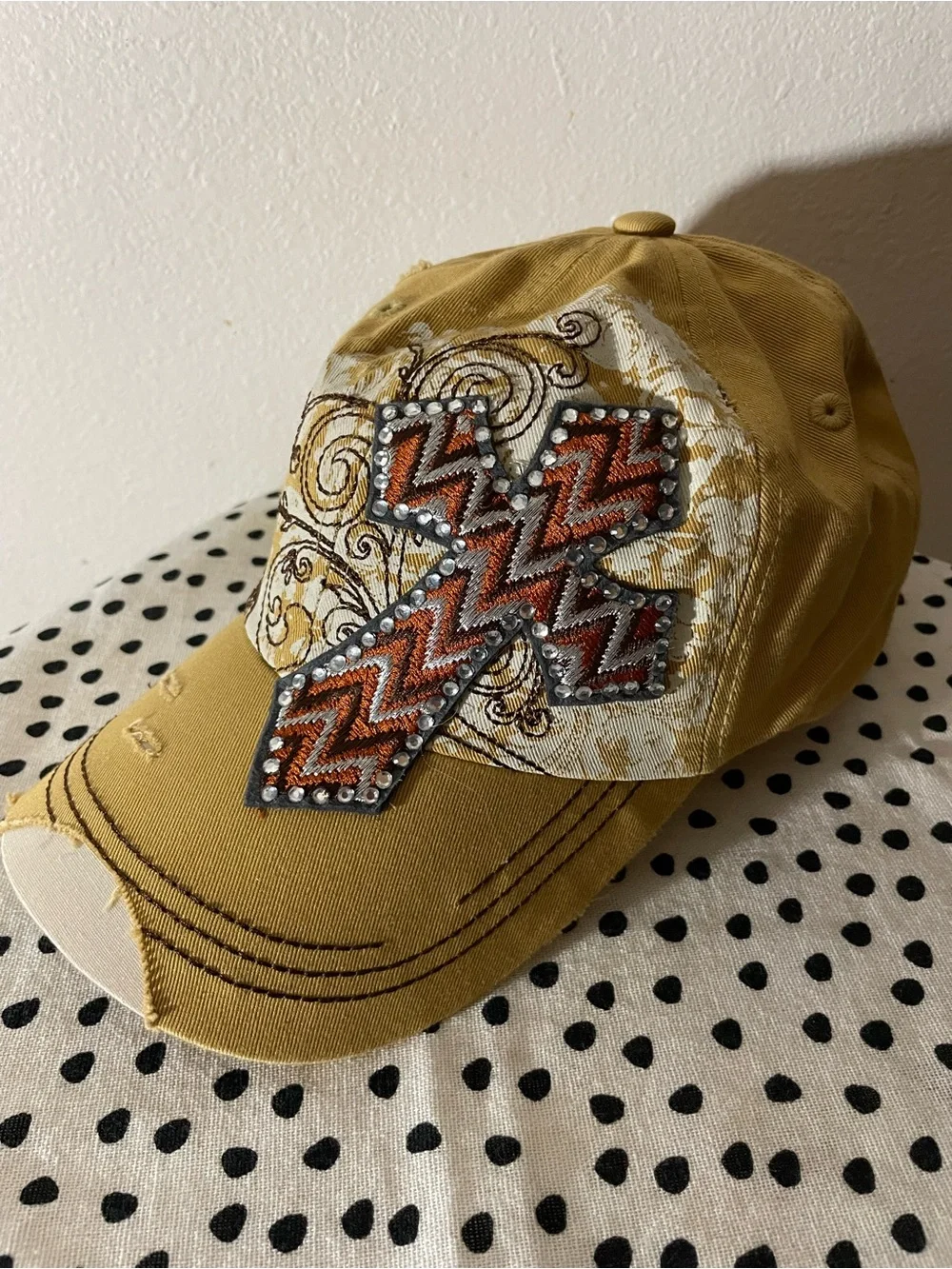 KBETHOS Mustard Yellow Embellished Cross Cap with Orange Accent